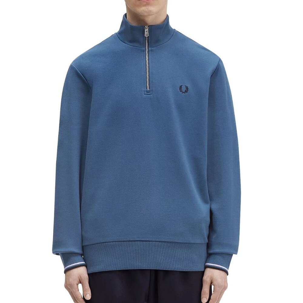 Fred Perry Men's Long Sleeve Half Zip Tipped Pullover Sweatshirt Logo M3574 Blue